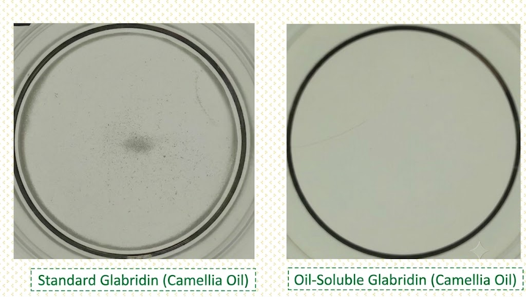 Side-by-side comparison of standard glabridin (left, visible sedimentation) vs oil-soluble glabridin grade (right, clear dispersion) in camellia oil